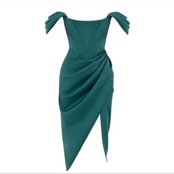 HOUSE OF CB Loretta Emerald Green Off Shoulder Draped Corset Silk Satin Dress - Picture 8 of 15